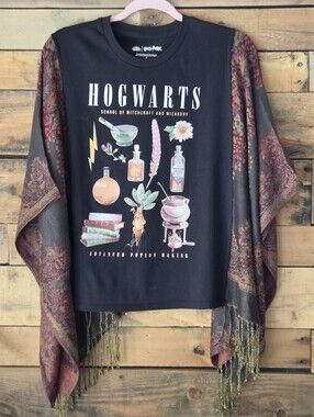 Upcycled Hogwarts Black 'Advanced Potion Making' Graphic Top With Boho Sleeves